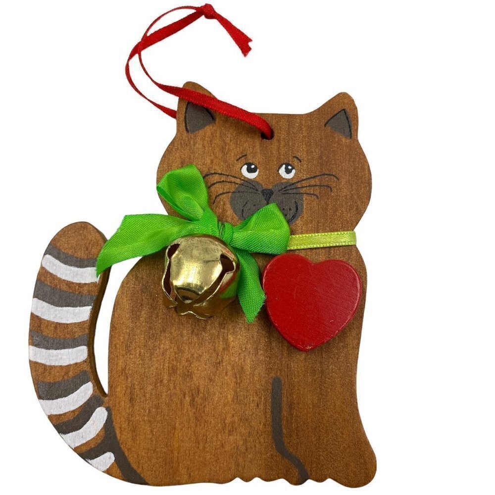 Cat Ornament Vintage Kurt Adler Wooden Christmas Ornament 1988 with Heart Rustic